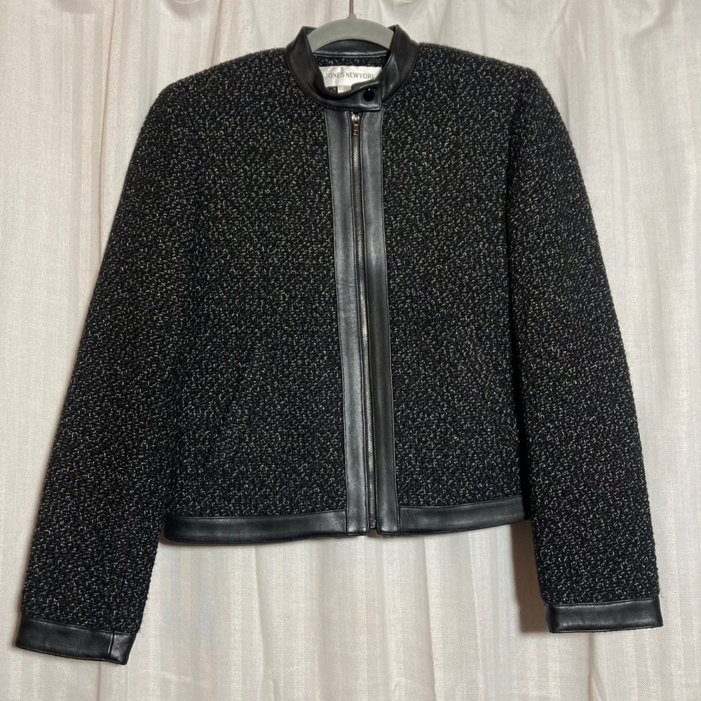 Jones New York Black Tweed Wool Blend Jacket Leather Trim Moto Chic 4 Minimalist